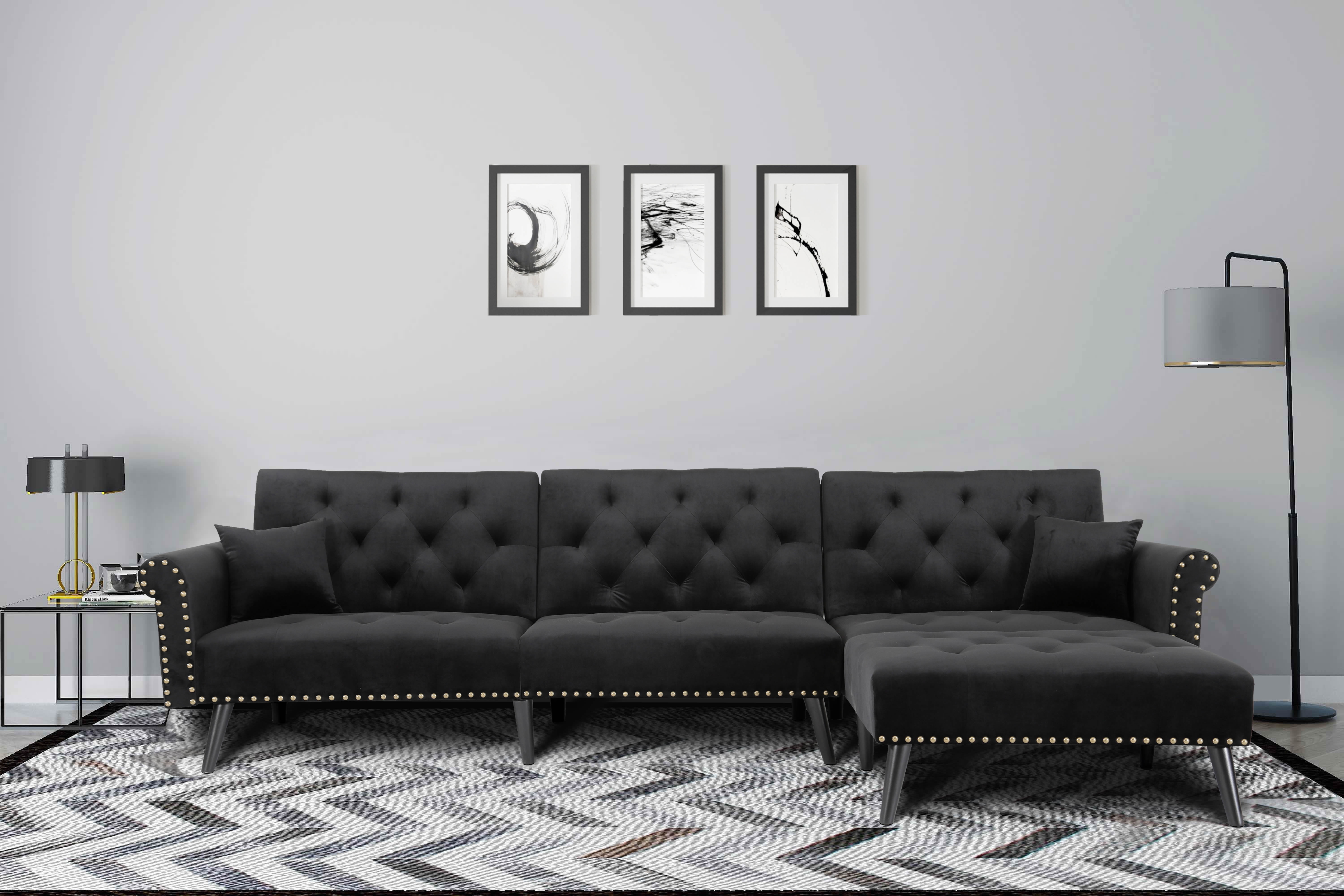 115'' Convertible Sectional Sofa,Velvet Corner Sofa Bed Couch Sleeper,L