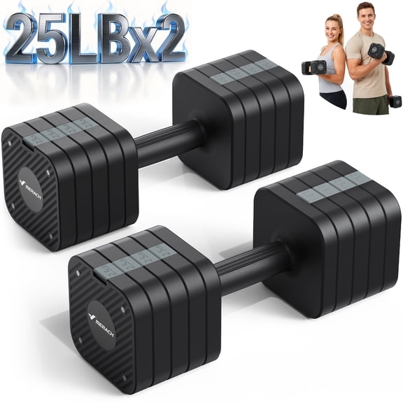 MERACH 50lbs Adjustable Dumbbell Set, 5 in 1 Free Hand Weights for Home Gym, Set of 2, Black&Gray