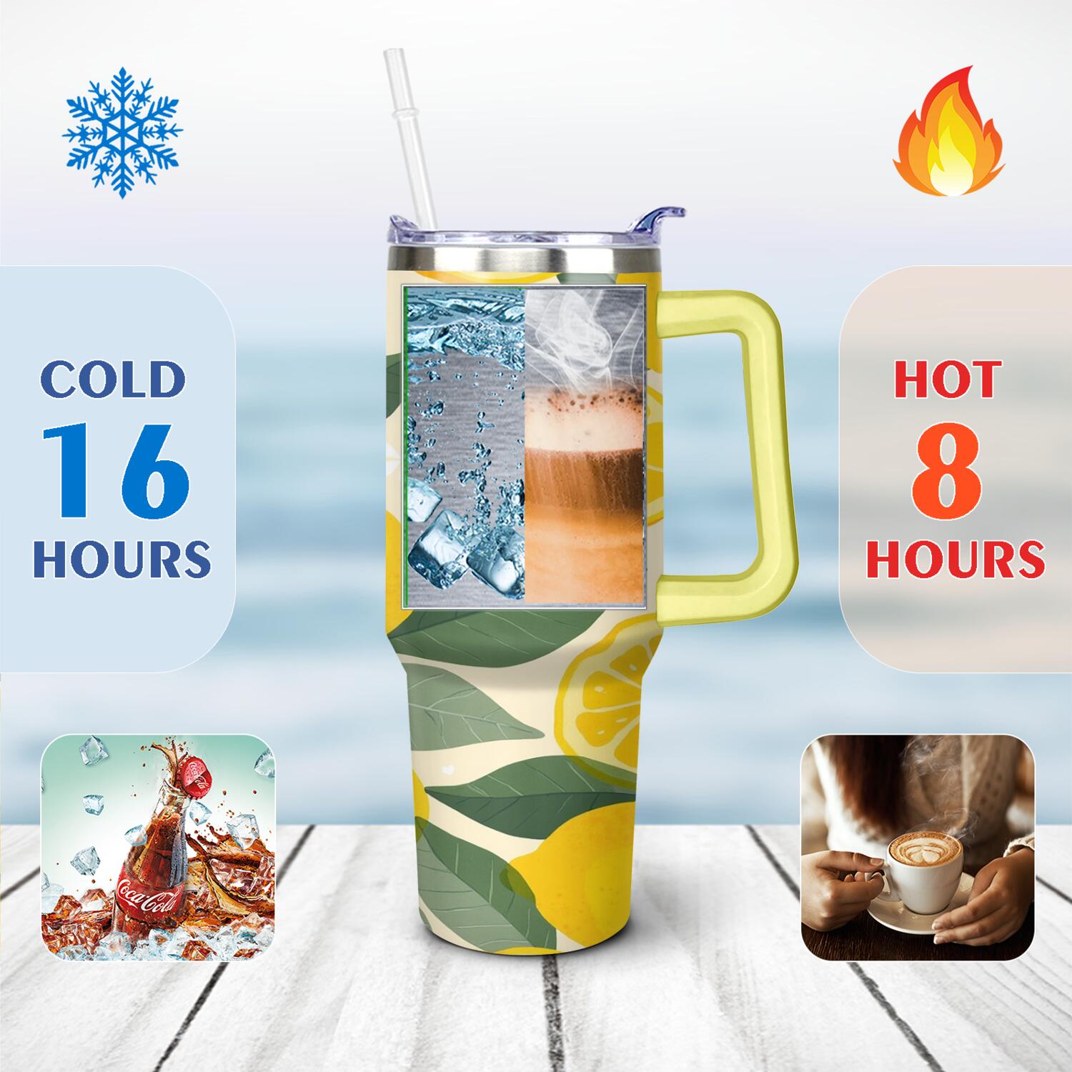 40 oz Lemon Tumbler with Handle Double Wall Vacuum Insulation Water Bottle Gift for Women Men