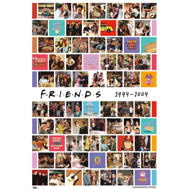 Affiche Murale collage de l'Émission Télé Friends avec Plusieurs Scènes Emblématiques et Citations de la Série, Incluant le logo Central Perk, des Personnages dans des moments Mémorables, et des phrases comme « How you doin'? », « Joey Does't share food » et « you're my lobster », avec le logo Friends et les Années 1994-2004 Centrées.