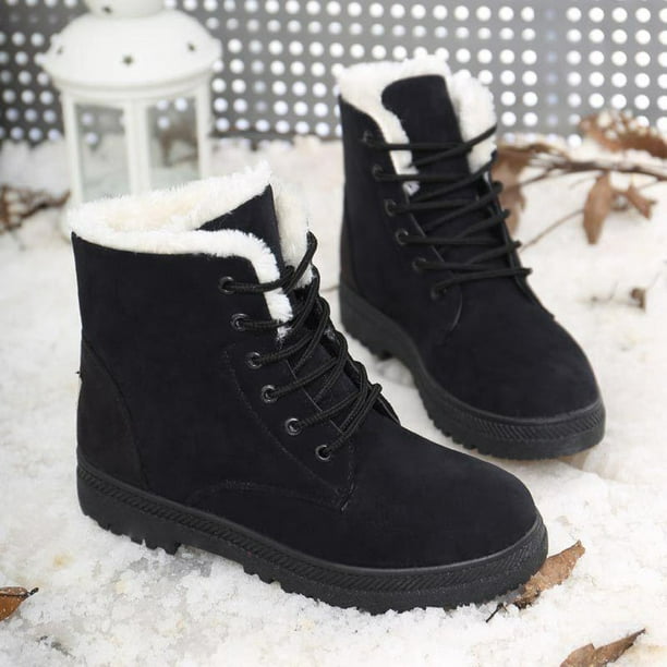 Winter Snow Boots For Women Comfortable Outdoor Anti-Slip Ankle Boots Suede  Warm Fur Lined Booties Lace Up Flat Platform Shoes