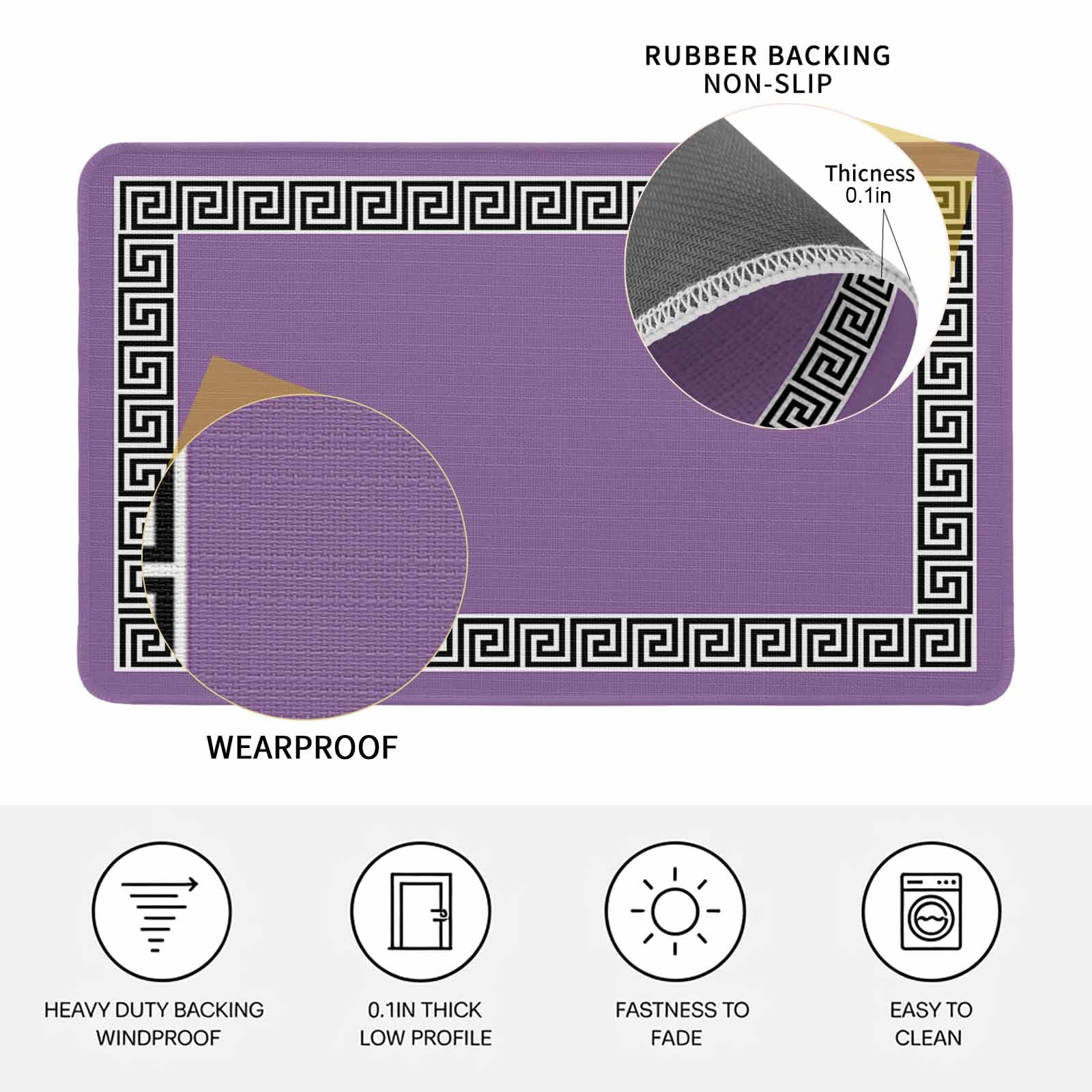 Purple Doormat Outdoor Entrance 24"x36", Black Modern Geometric Abstract Art Aesthetics Absorb Moisture Dirt Door Mats, Non-Slip Rubber Backing Floor Mats Indoor, Low-Profile Front Door Rugs