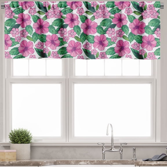 Ambesonne Floral Valance Pack of 2, Hibiscus and Plumeria Art, 54"X18", Pale Pink Hunter Green
