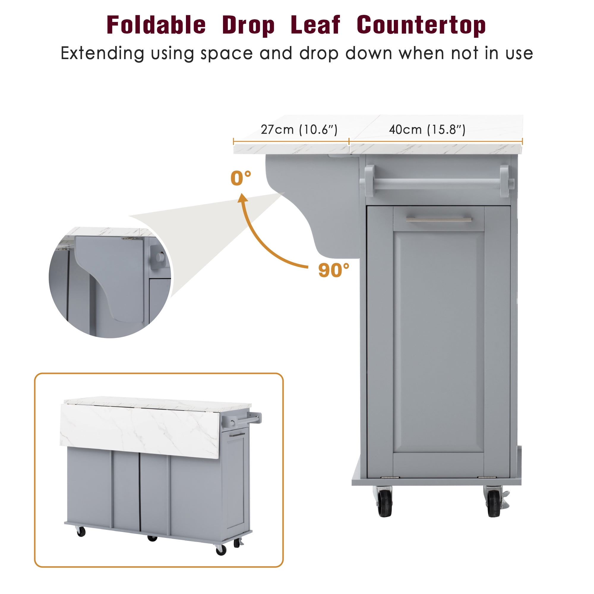 AISWORD 50.7" Kitchen Island with Trash Can Storage Cabinet, Rolling Kitchen Cart on Wheels with Faux Marble Top Drop Leaf, Spice Rack, Towel Rack and Adjustable Shelf, Blue