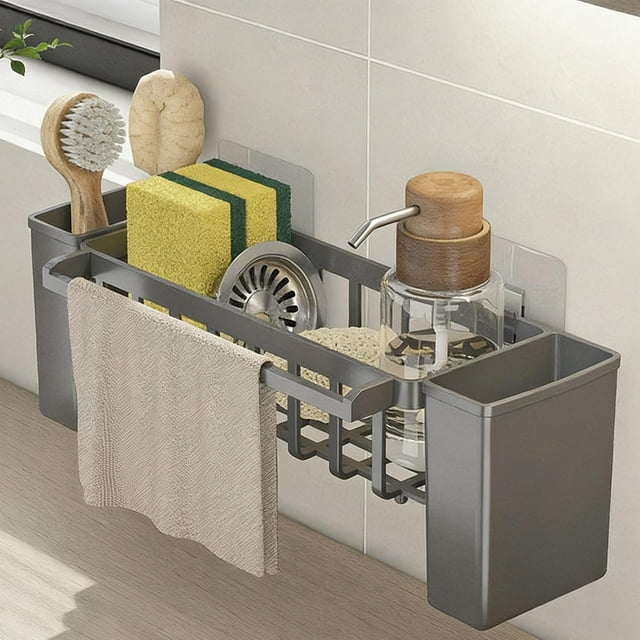 PRETXORVE Sponge Kitchen Sink Caddy Organizer Brush Sink Sponge with Auto Draining Tray