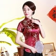 thumbnail image 5 of Women Chinese Short Sleeve Stand Collar Dragon Phoenix Print Ethnic Blouse Shirt, 5 of 7