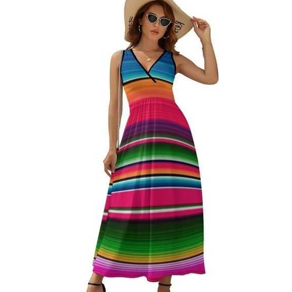 Mexican Blanket Striped Fiesta Serape Sleeveless Dress Dresses Women Summer Evening Dresses Ladies Bohemia Long Dresses