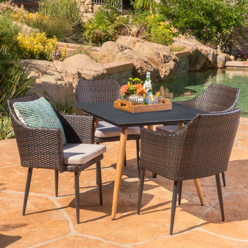 Archwood Outdoor 5 Piece Wicker Dining Set with Stonelike Tempered
