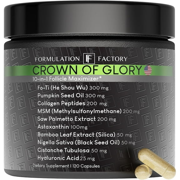 Formulation Factory Crown of Glory Hair Growth Supplement, 10-in-1 Follicle Support with Fo-Ti & Collagen, 120 Capsules, 2-Month Supply