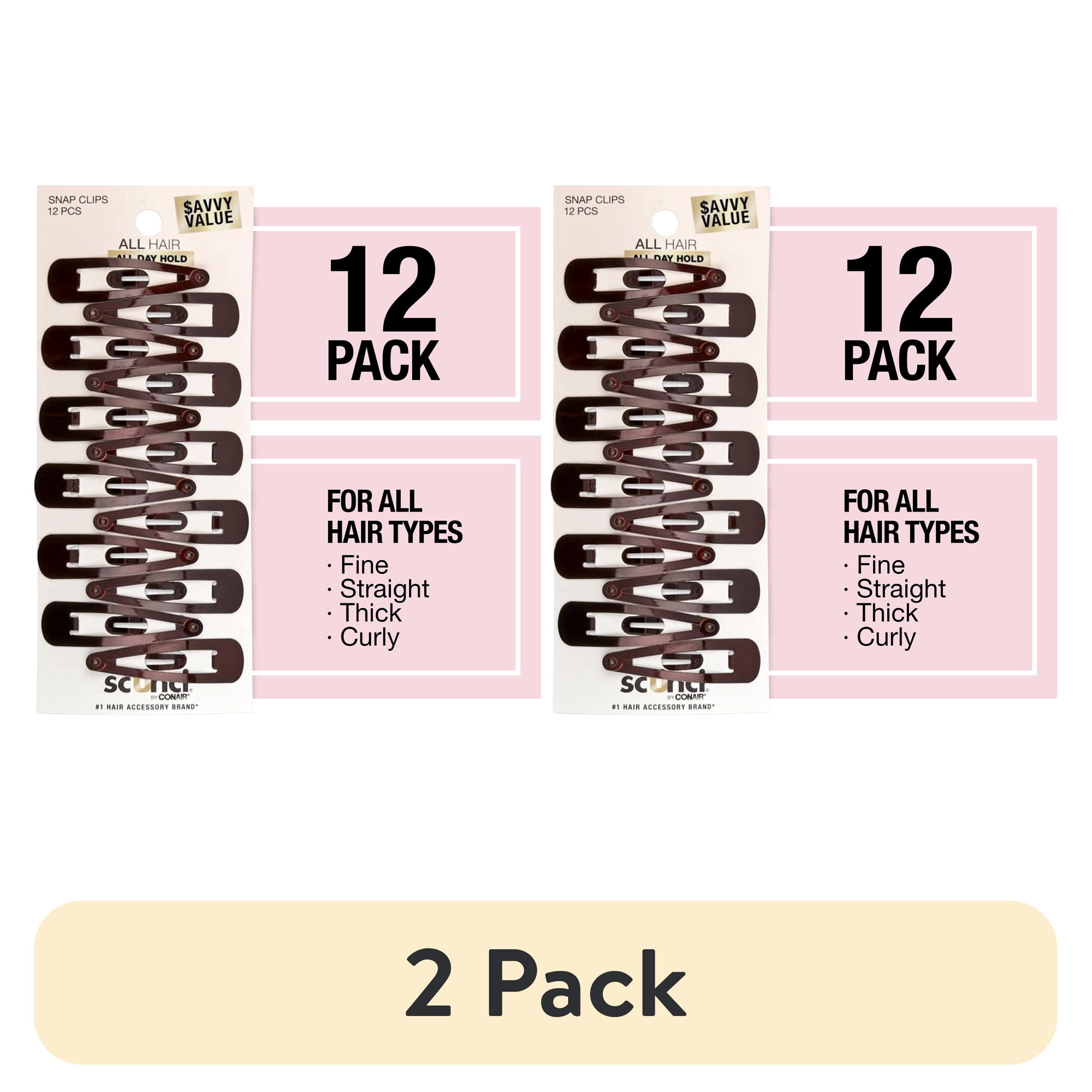 (2 pack) Scunci Metal Snap Hair Clips, Brown, 12 Count