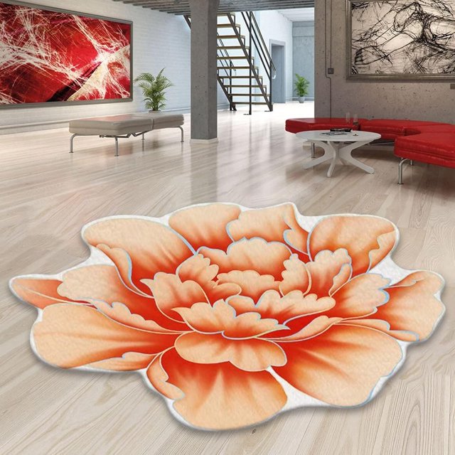 Floral Area Rugs Peony Flower Shape Area Rugs Non-Slip Rugs Floral Shaggy Carpet Bath Mat for Dorm Preppy Room Decor, Orange, 2.6'x2.6'
