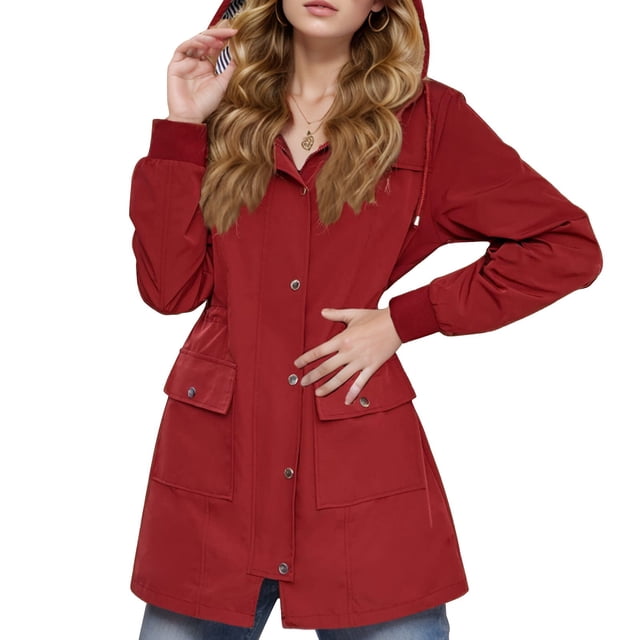 PMVFHDE Veste Imperméable pour Femmes Mode Solide à Capuche Col Décontracté Ample Manches Longues Manteau Imperméable Veste Manteau Rouge,G