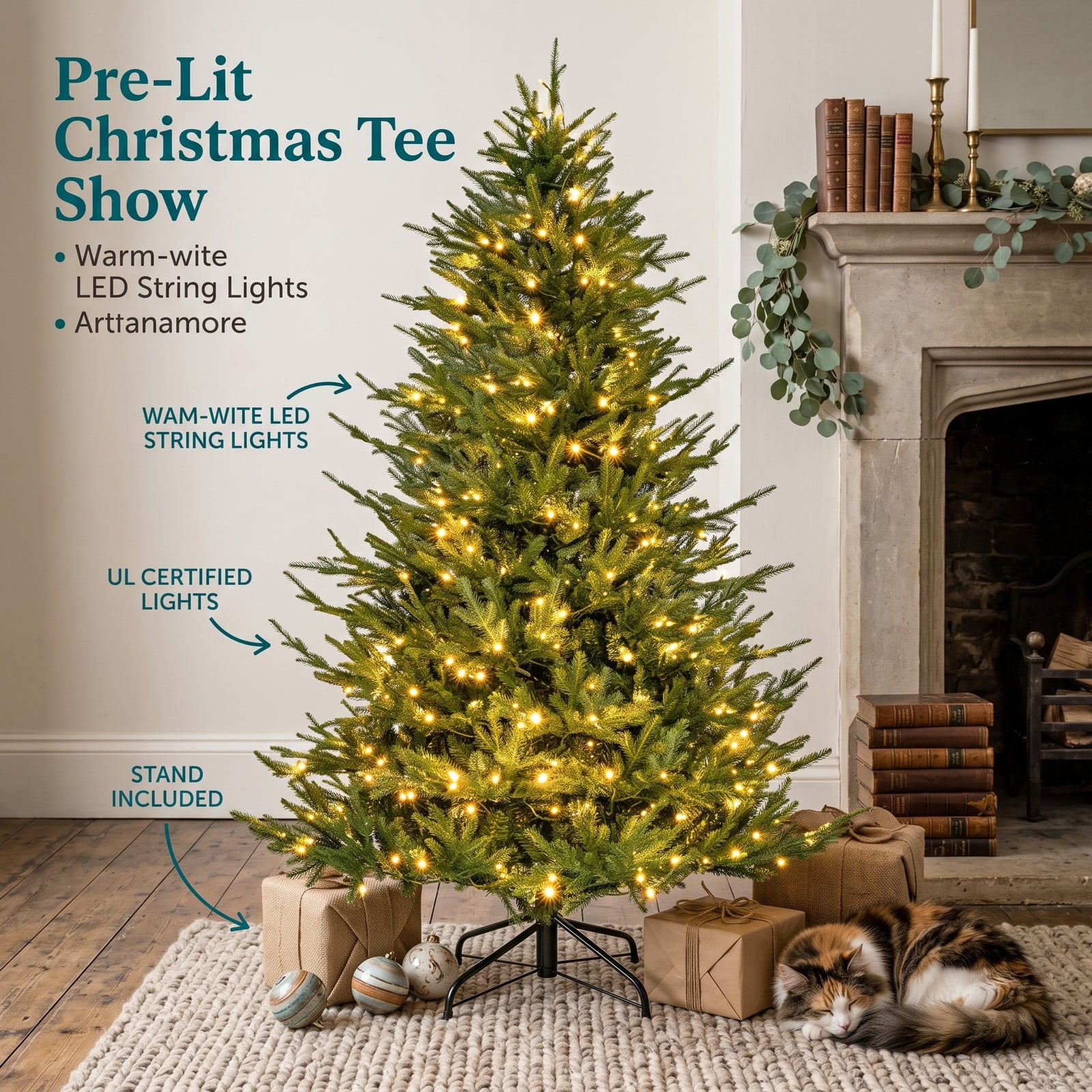 RUIE 6 ft Pre-Lit Artificial Christmas Tree with 280 Warm White LED Lights, 8 Lighting Modes, 788 Branch Tips, PE PVC Hinged Full Spruce Xmas Tree with Metal, Green