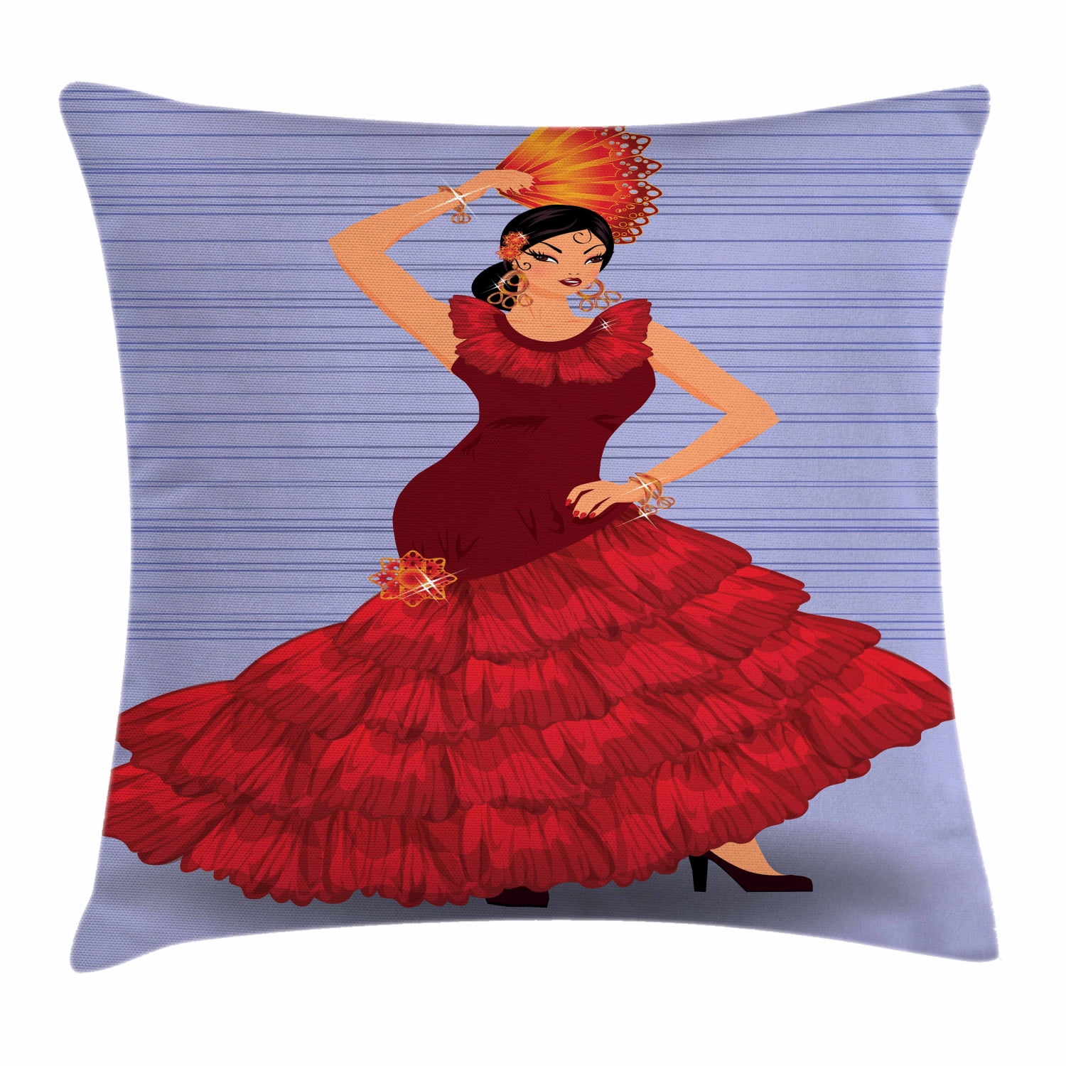 Spanish Throw Pillow Cushion Cover, Sexy Young Flamenco Dancer Woman