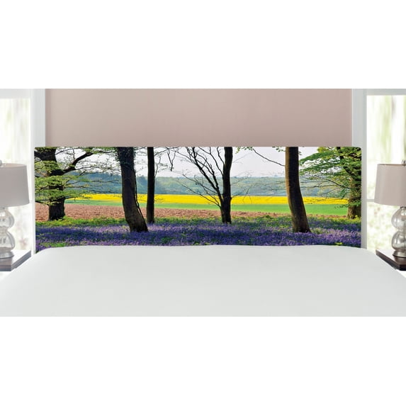 Woodland Headboard, Bluebells in Wepham Woods Wildflower Spring Rural Environment Photo Print, Upholstered Decorative Metal Bed Headboard with Memory Foam, King Size, Purple Yellow Green, by Ambesonne