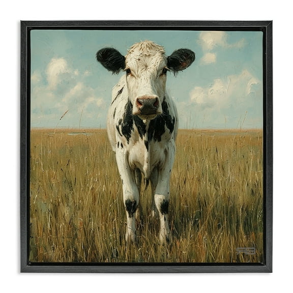 Stupell Industries Cow in Verdant Field Animals & Insects Painting Black Floater Framed Canvas Art Print Wall Art, 18 x 18