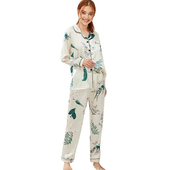 Women's Cotton Sleepwear Women Fashion Pajama Printing Sets Long Sleeve Button Down Nightwear Soft Pjs Lounge L