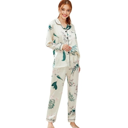 

WOXINDA Women Fashion Pajama Printing Sets Long Sleeve Button Down Sleepwear Nightwear Soft Pjs Lounge Sets Light Nightgown Women
