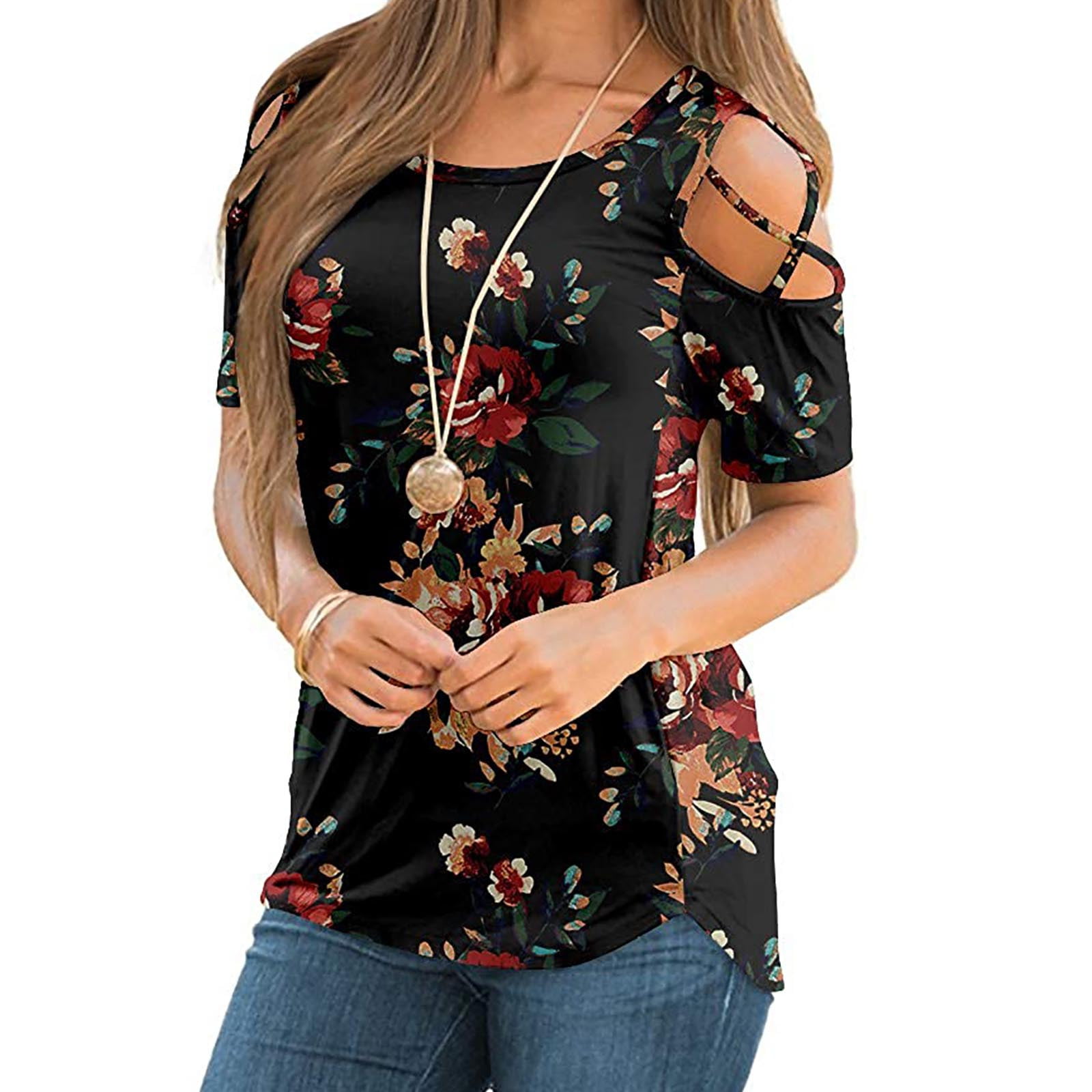 Womens Summer Tops,Women Casual Fashion Printed Zipper Shirts Strap Cold Shoulder Tops Short Sleeved V-Neck Tee 