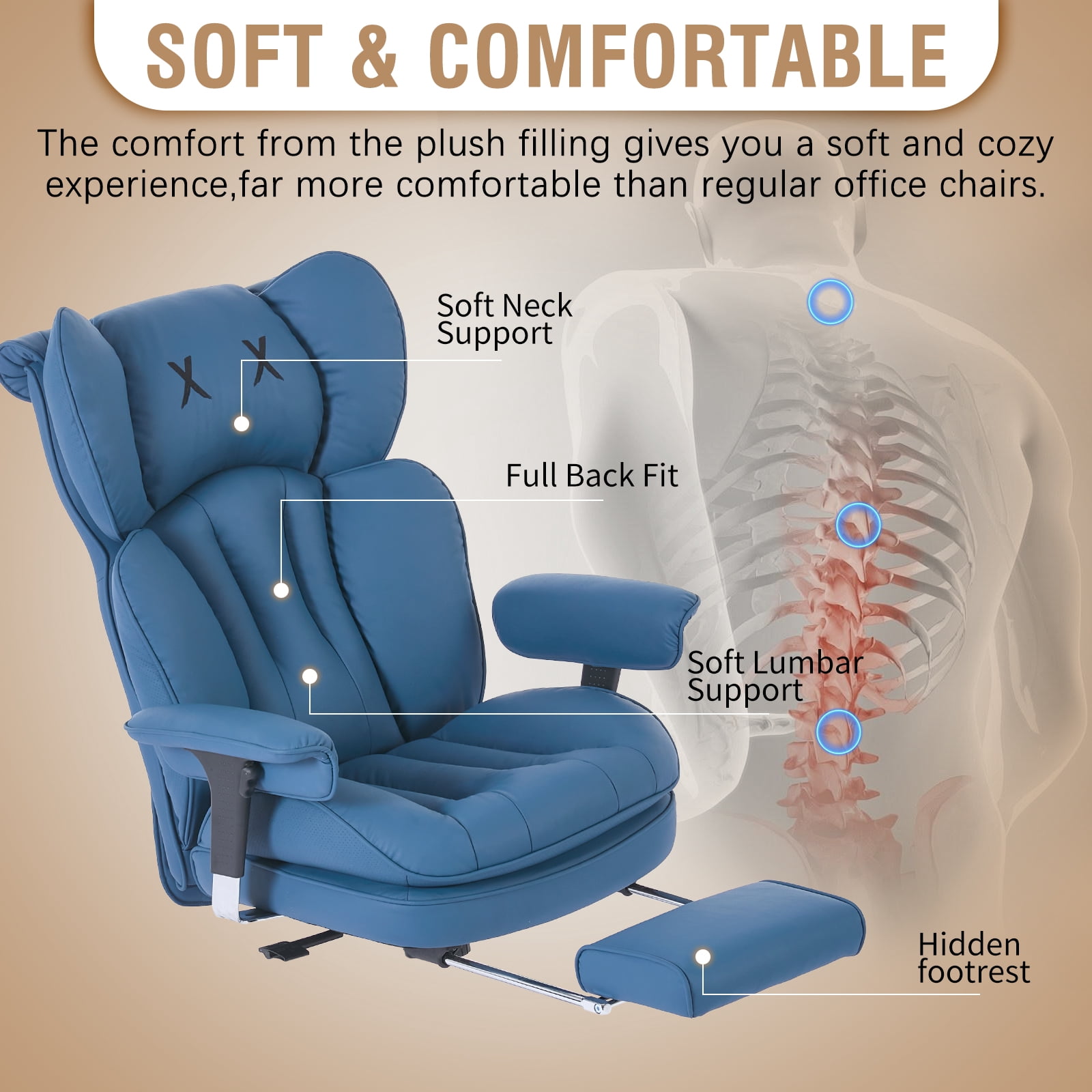 ATMILD 400lbs Big and Tall Ergonomic Office Chair Comfortable PU Leather Executive Desk Chair with Footrest and Lumbar Support (Blue)