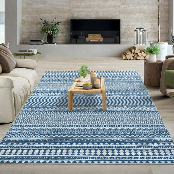 Hasoo Washable Area Rug 4' x 6' Rugs for Living Room Modern Boho Geometrical Indoor Carpet, Blue