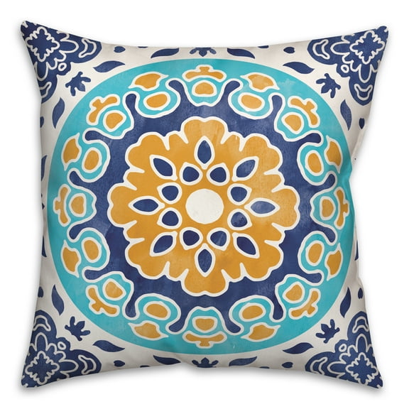 Creative Products Blue and Orange Flower Mandala 20x20 Indoor / Outdoor Pillow