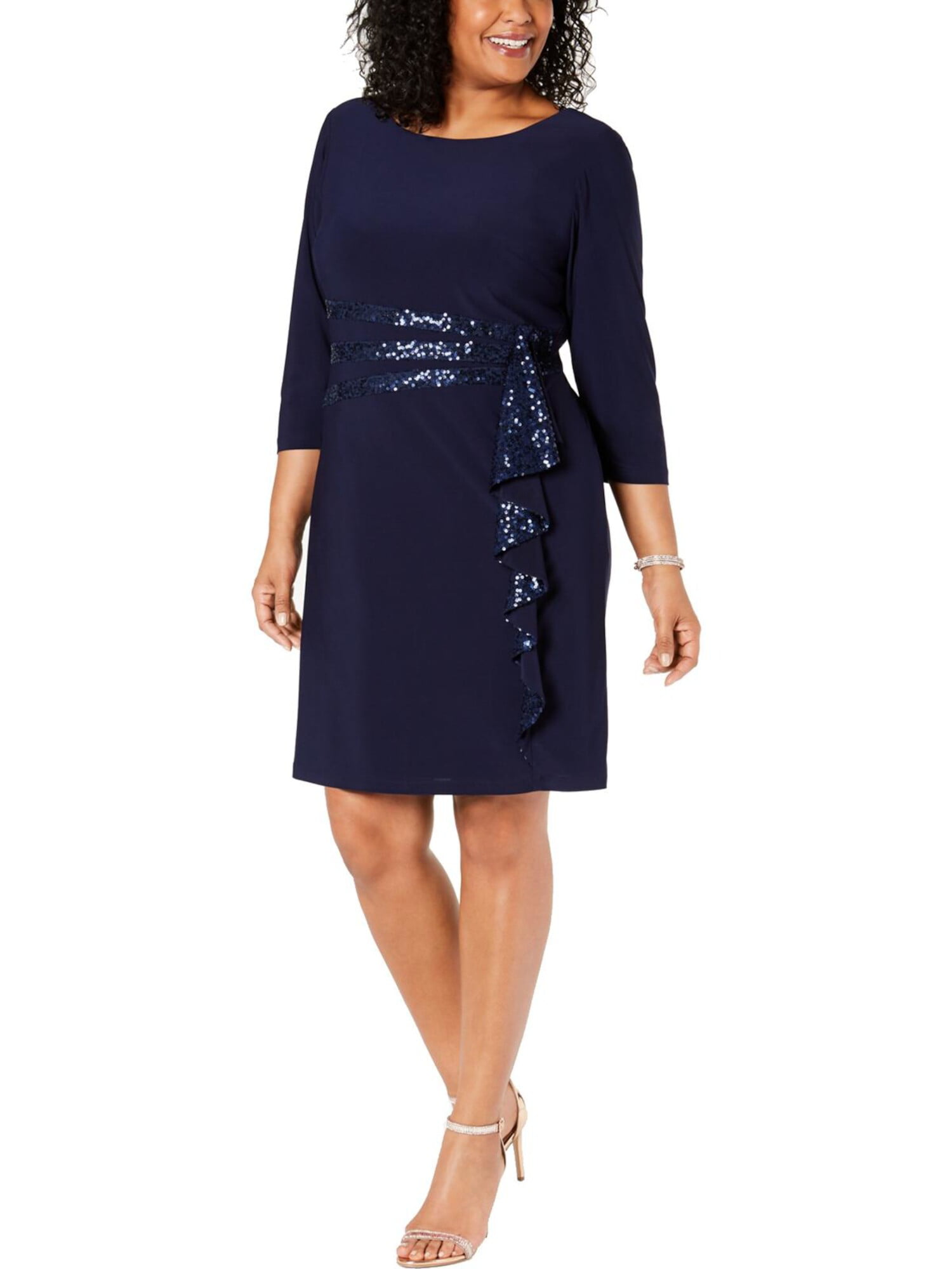 R&M RICHARDS Womens Navy Sequined 3/4 Sleeve Jewel Neck Above The Knee ...