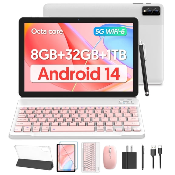 FITIFUN 10.1 Inch Tablets Android 14 Tablet with Keyboard, 8GB RAM 32GB ROM 1TB Expand,Octa-Core, 6000mA,5G WiFi6,HD IPS Display, Dual Camera