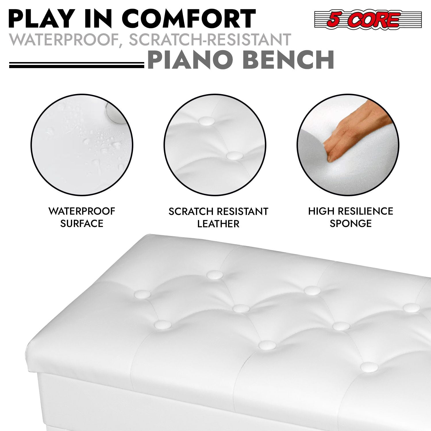 Piano Bench Wooden Height Adjustable Stool Heavy Duty Keyboard Seat with Storage - PNB WD HD WH