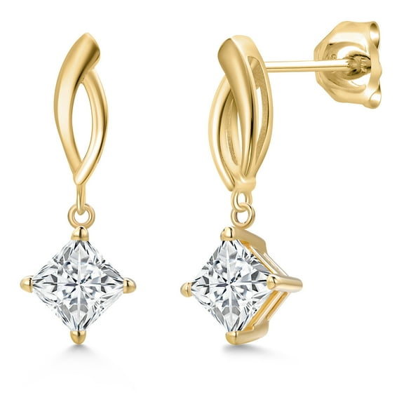 Gem Stone King 10K Yellow Gold White Zirconia Dangle Earrings for Women | 1.42 Cttw | Gemstone Birthstone | Princess 5MM