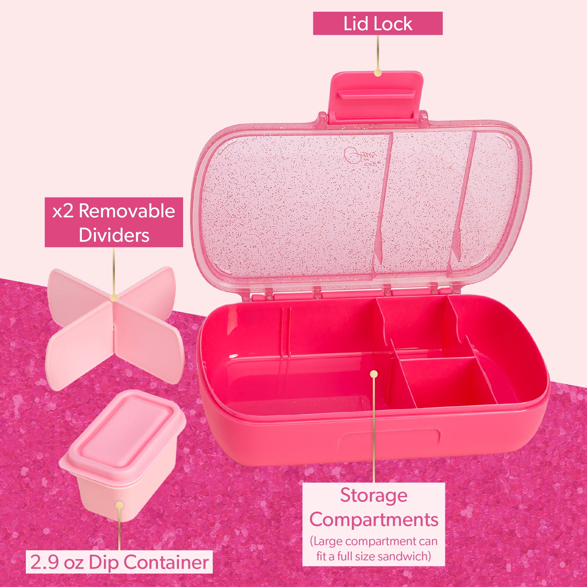Paris Hilton Plastic Bento Box, Glitter Infused Lid, Customizable Compartments, Hot Pink