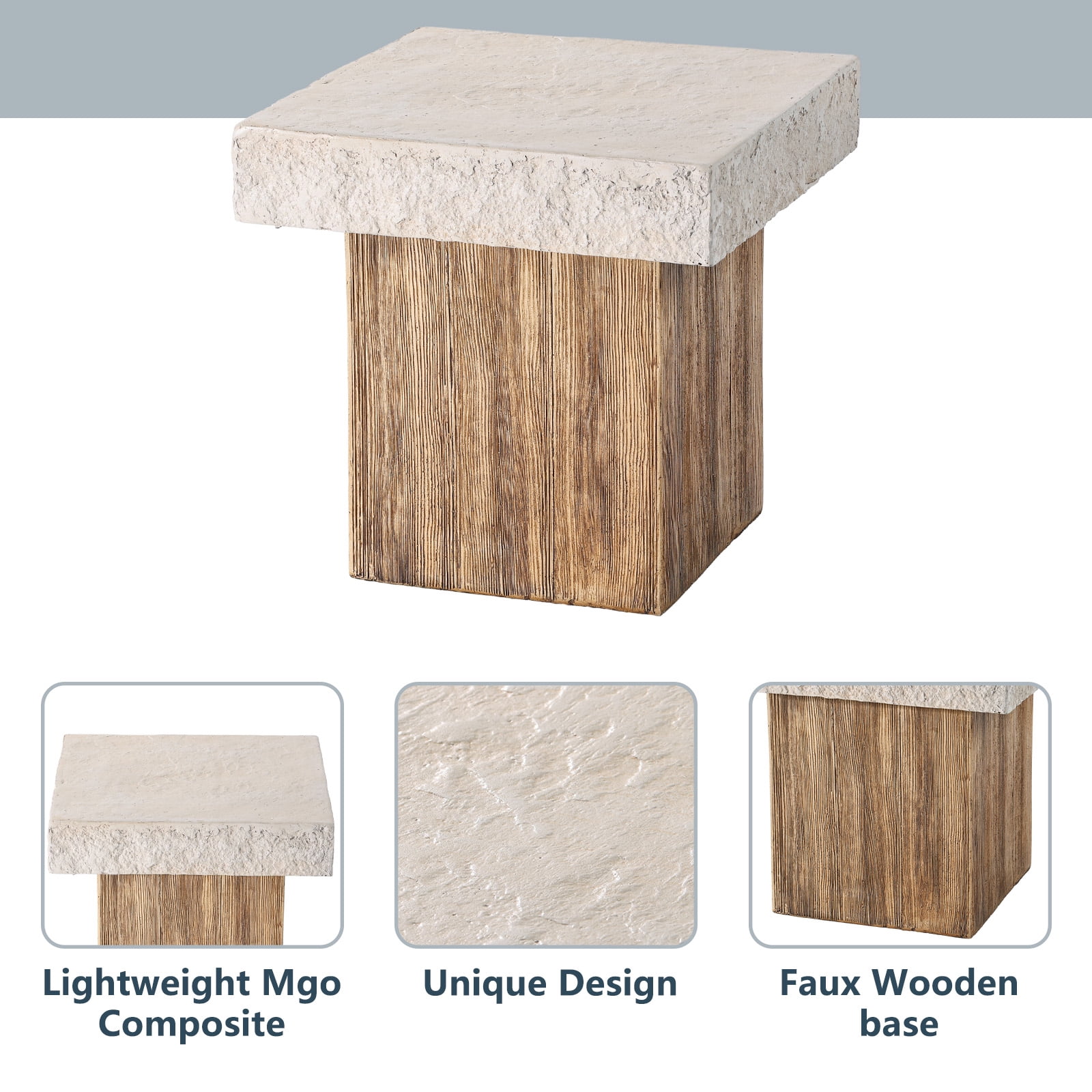 COSIEST Outdoor Medium Side Table, Patio Coffee Table, 19.7 inches Square MgO Table with Faux Wooden Pedestal Base, End Table for Patio, Garden, Backyard, Antique Beige