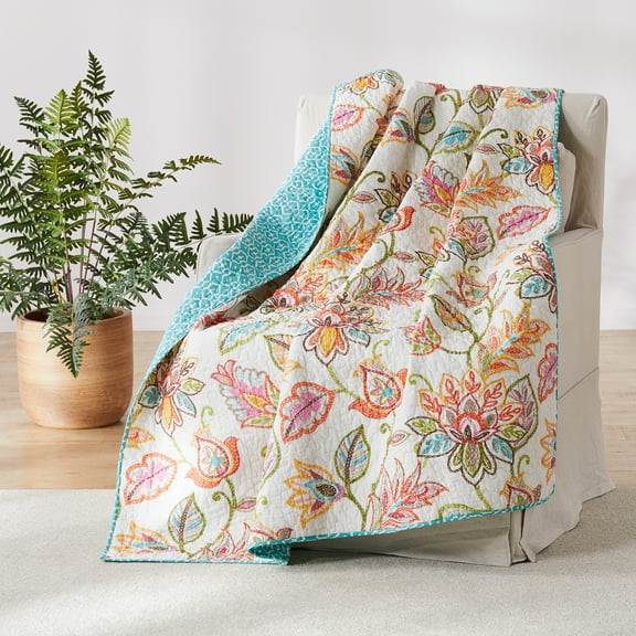 Levtex - Sophia - Quilted Throw - 50x60in. - Floral - Orange, Yellow, Red, Green, Teal, and White - Reversible Pattern - Cotton Fabric