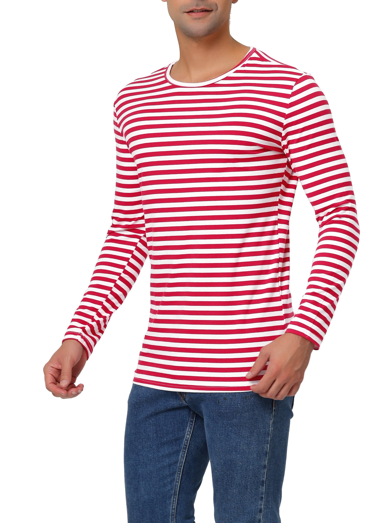 Unique Bargains Men's Long Sleeve Pullover Top Crew Neck Striped T-Shirts 38 White Red
