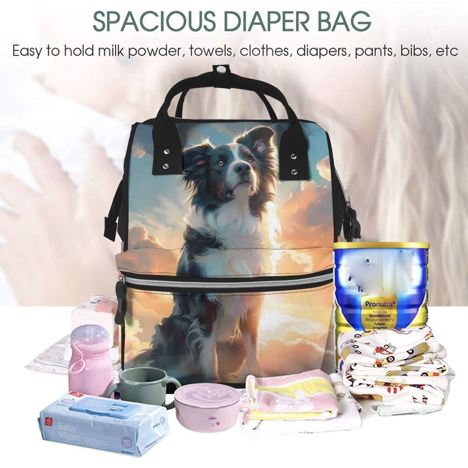 Fuzoiu Cloud Border Collie Print Diaper Bag Backpack,Baby Essentials Travel Tote,Multi function Waterproof Diaper Bag, Travel Essentials Baby Bag - Unisex