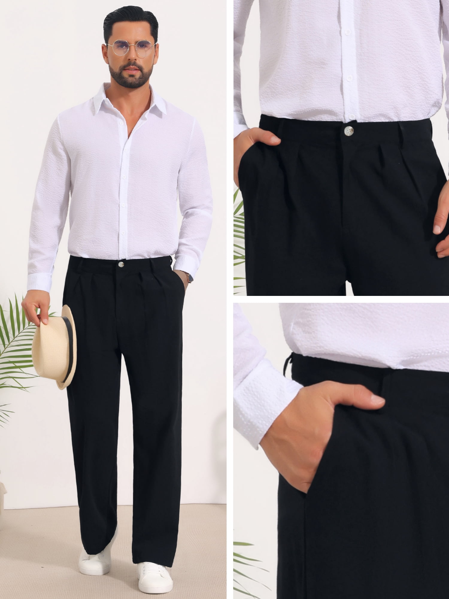 DARING DIVA Men's Lightweight Breathable Linen Pleated Pants with Side Pockets 32 Black