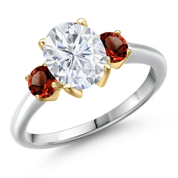Gem Stone King 10K Two Tone Gold White Moissanite and Red Garnet Engagement Ring for Women | 2.84 Cttw | Oval 9X7MM | Gemstone Birthstone | Size 5