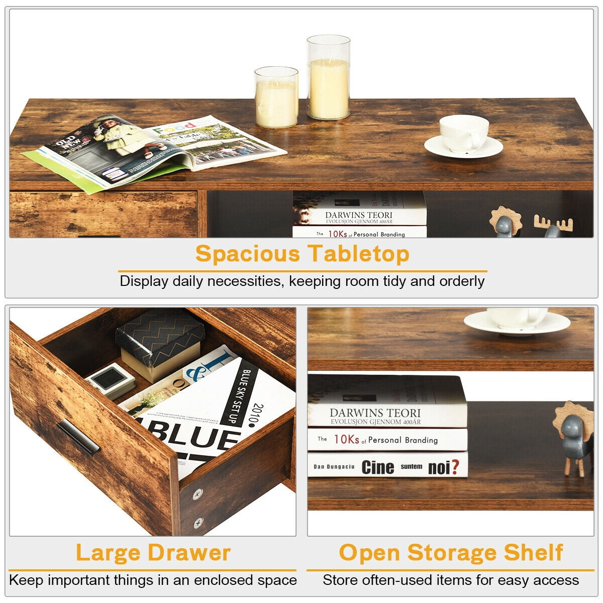 Gymax Retro Coffee Table Mid Century Modern Living Room Furniture w/Open Storage Shelf