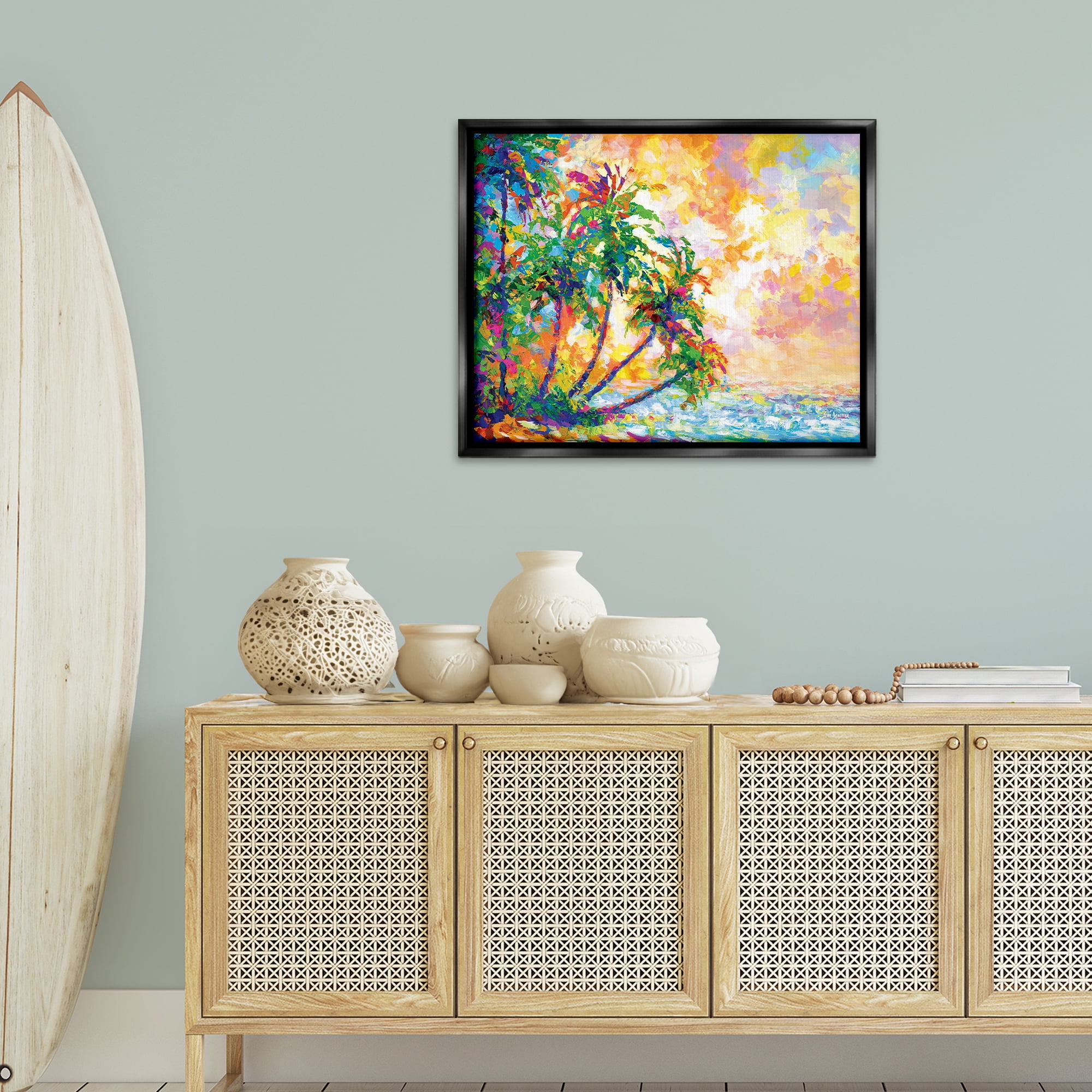 Stupell Industries Full Beach Palms Landscape Painting Black Floater Framed Canvas Art Print Wall Art, 31 x 25