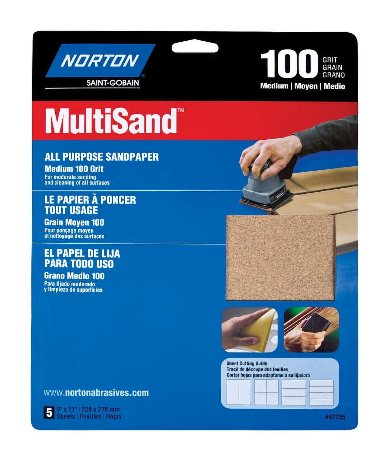 Norton Stick&Sand Schleifblatt 100er Körnung – 4,5 X 4,5 Zoll, 5 Stück, Für Holz- & Metallarbeiten