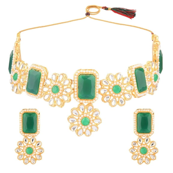 Efulgenz Crystal Necklace Set Bridal Jewelry Kundan Faux Pearl Choker Necklace Dangle Earrings Indian Jewelry Set for Women, Green