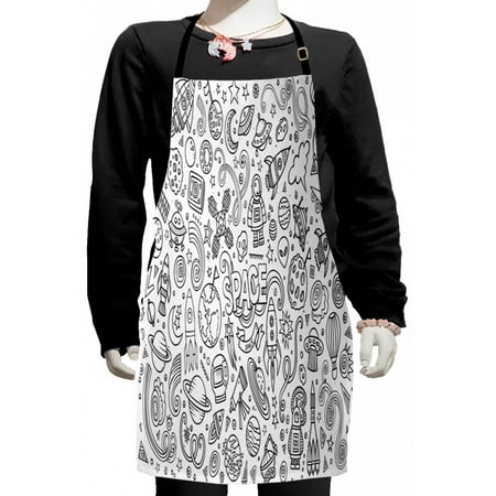 

Nursery Kids Apron Sketch Abstract Planets in Doodle Drawing Style Childrens Cartoon Composition Boys Girls Apron Bib with Adjustable Ties for Cooking Baking Painting White and Black by Ambesonne