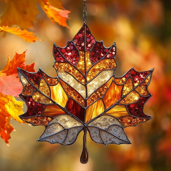 Season Clearance Cyence Autumn Maple Leaf Pendant D, 2025 Autumn Maple Ornament Stained Acrylic Glass Window Hanging Ornament Glitter Fall Decoration For Thanksgiving Autumn and Home Decor Blue