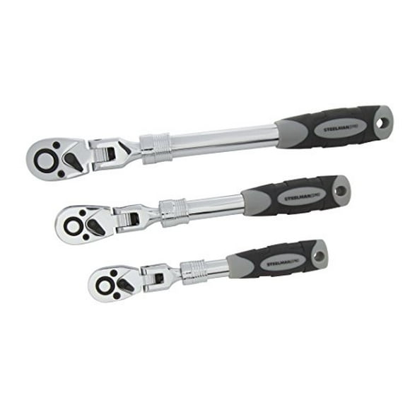 Steelman Pro 96753 Chrome 3 Pc, 1/2" 72-Tooth Extendable Flex-Head Ratchet Set, 3-Piece (1/4, 3/8, and 1/2-Inch Drives)