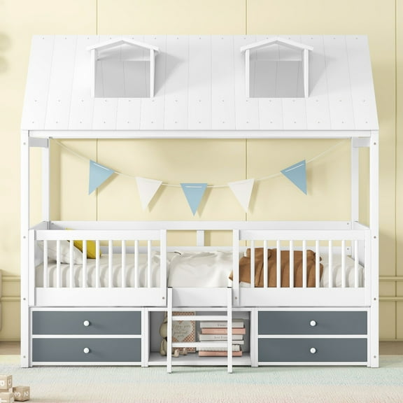 [Luckynote]Twin Size Wood Bed House Bed Frame,White