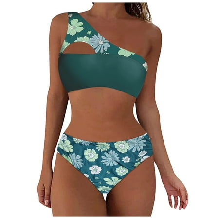 QYZEU Plus Size Swimsuit for Women Bikini Womens Bathing Suit Two Piece Women s Bikini Sets Reversible Wear Cutout One Shoulder Top Mid Waist Two Piece Bathing Suit Green L