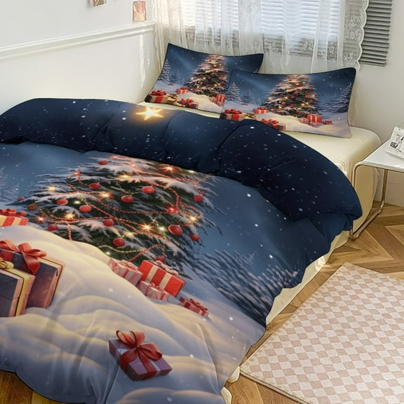 Merry Christmas Snowman Christmas Tree Duvet Cover Set Themed Multicolor Polyester Bedding Set for Bedroom Decoration