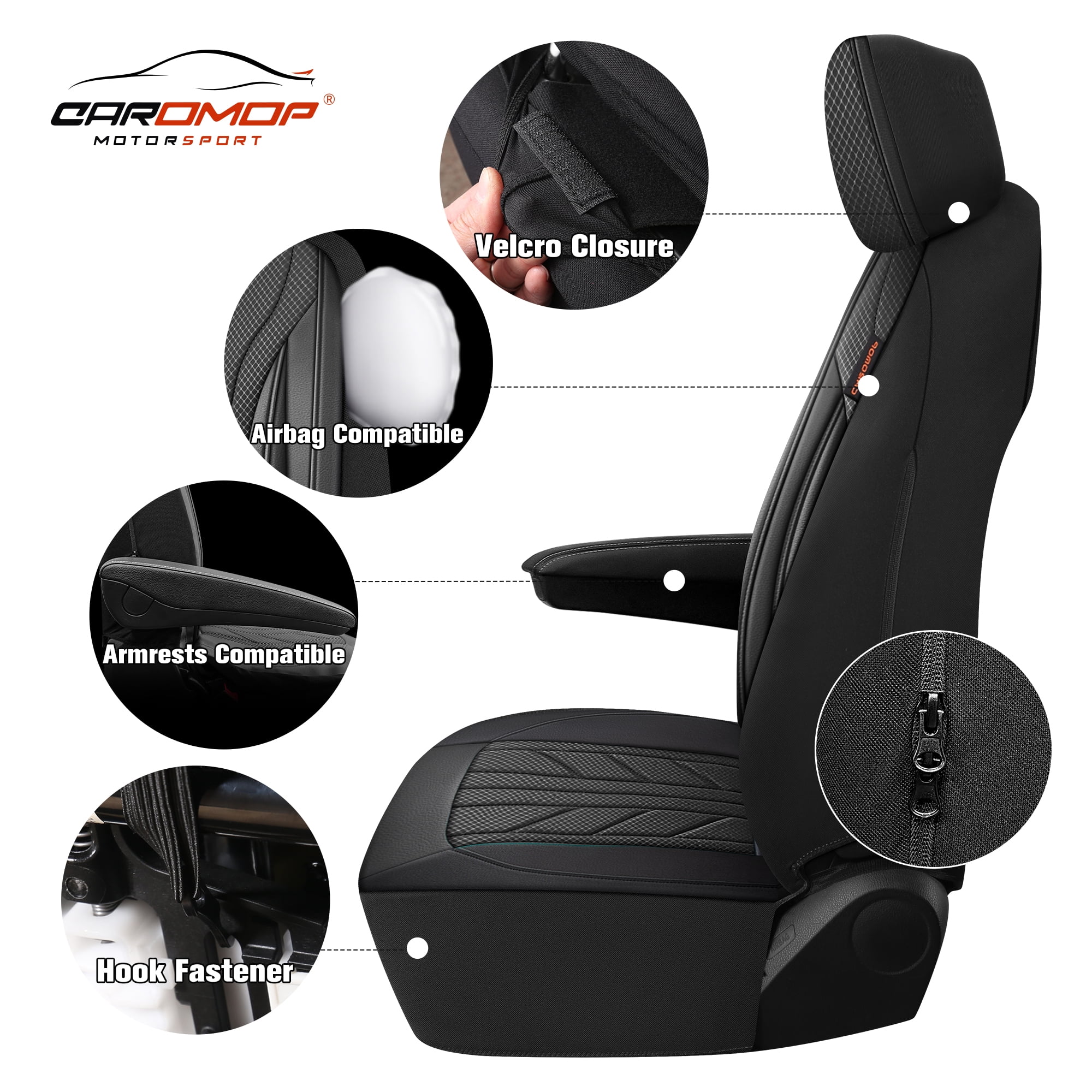 Caromop Black, Luxury Faux Leather & Fabric, Breathable 3D Foam, Armrest Covers,Airbag compatible,Full Seat Covers