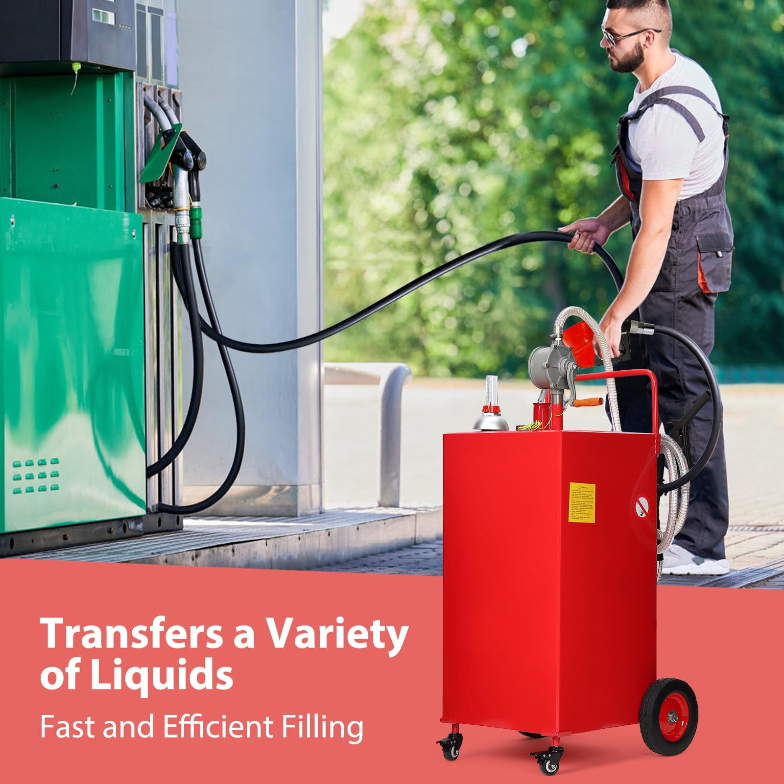 35 Gallon Gas Caddy, Portable Fuel Storage Tank with 4 Wheels & Manual Transfer Pump, Diesel & Gasoline Fuel Container for Cars, Lawn Mowers, ATVs, Boats
