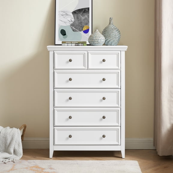 Modern 6-Drawer Farmhouse Dresser - Anti-Tip Chest of Drawers for Living Room Closet Storage, White